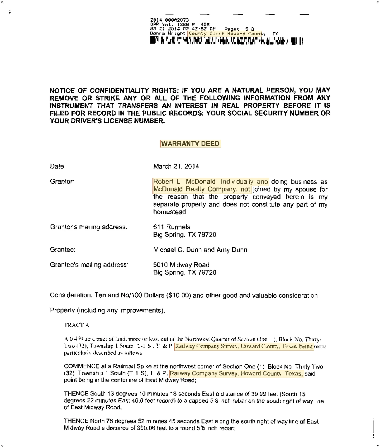 Mc Donald Realty Co - Recorded Opr Vol: 1386 Pg: 455; Warranty Deed (Doc #DOC134S922)