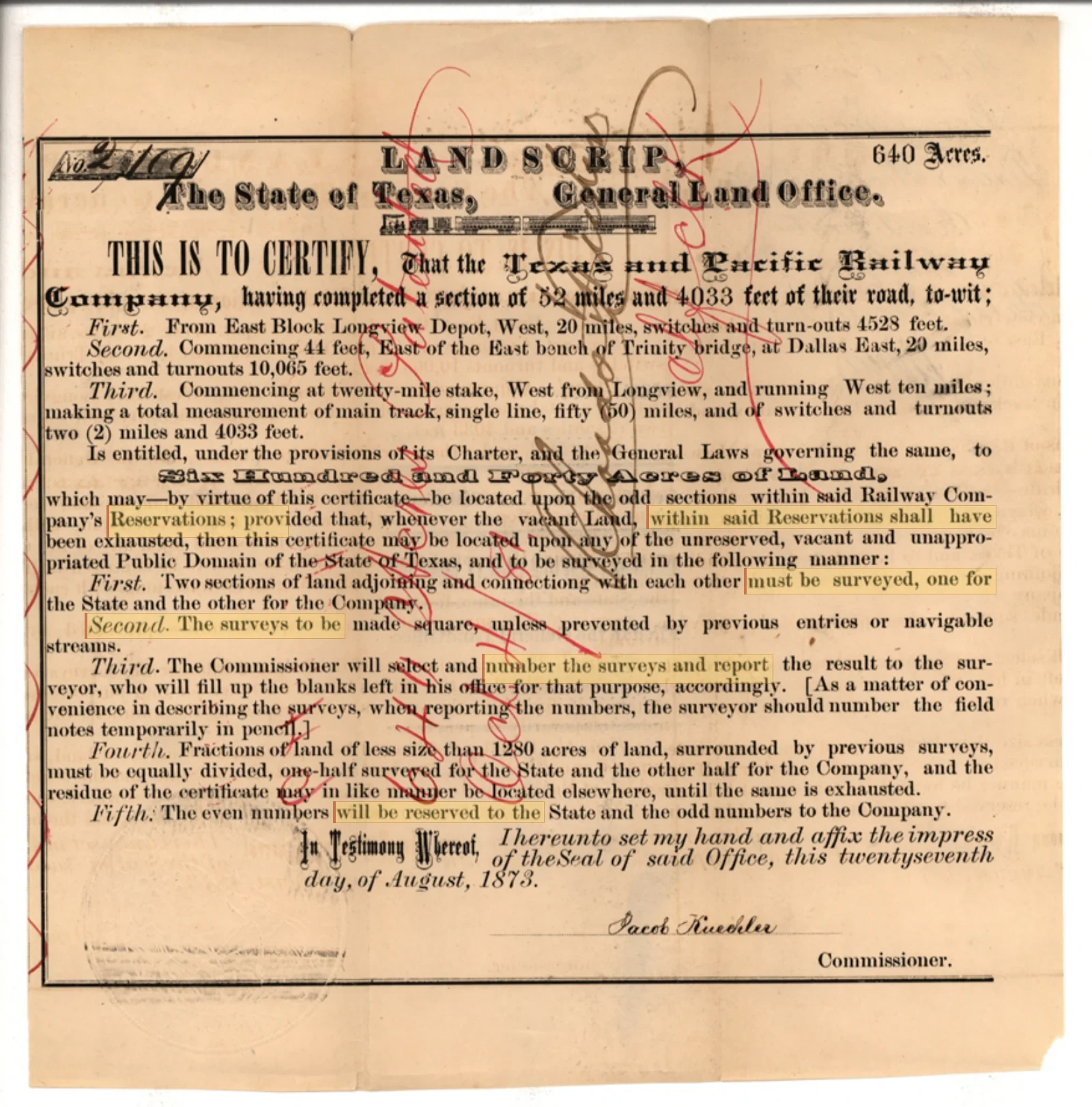 Texas and Pacific Railway Company Original Cursive Land Grant & Field Notes (Howard County, Abstract A-152)